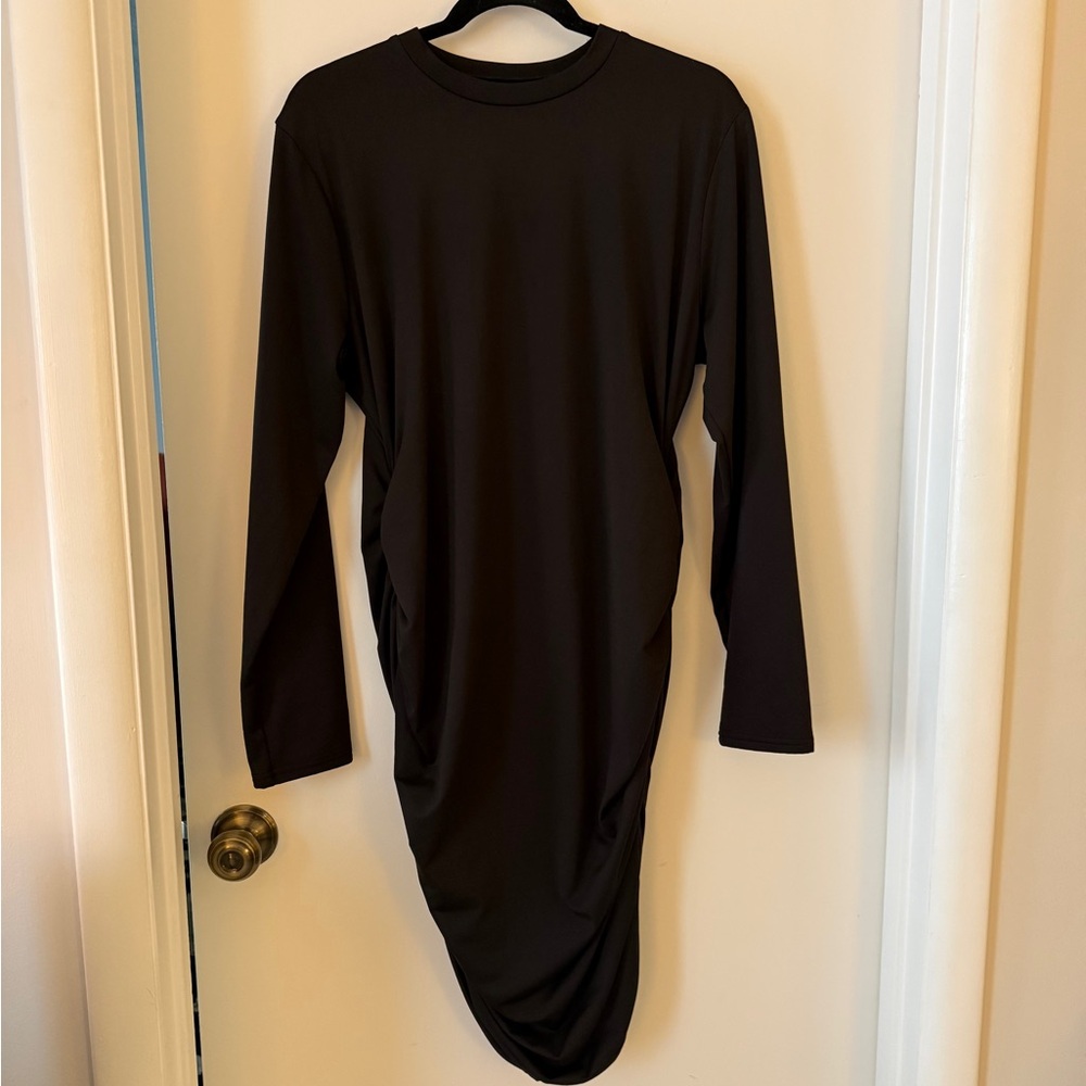 Long Sleeve Fleece Lined Bodycon Ruched Black Dress Plus Size XXL